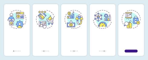 ABM metrics onboarding mobile app screen. Customer acquisition. Walkthrough 5 steps editable graphic instructions with linear concepts. UI, UX, GUI template vector
