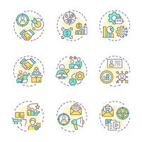 ABM multi color concept icons. Advertisement strategy, personalization. Targeted marketing. Icon pack. Round shape illustrations for infographic, presentation. Abstract idea vector