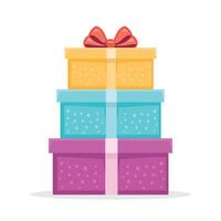 Colorful gift boxes with bows on top of each other vector