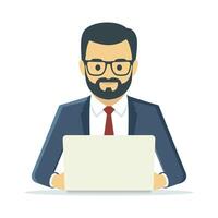 A man in a suit and glasses is sitting at a desk with a laptop vector