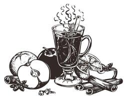 Mulled wine with cinnamon stick, star anise. Glass with warm wine, apples and oranges. Hand drawn illustration. Engraved style of winter alcoholic warming drink with spices. Drawing for menu. vector