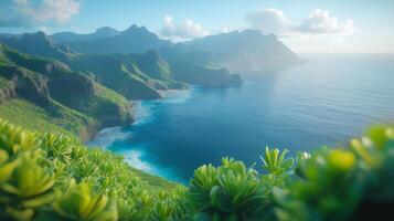 A beautiful view of the ocean and mountains photo