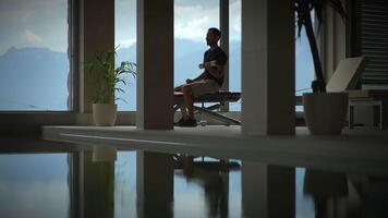 A Contemplative Moment by a Reflective Pool set in a Modern Interior Space Design video