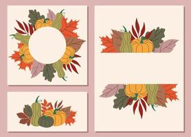 Autumn, Fall, Thanksgiving day trendy backgrounds with leaves, pumpkins and copy space for text. Design template for poster, banner, card, web, social media, sales, advertising. vector
