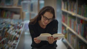 alegre lector en un biblioteca, rodeado por incontable libros, disfruta en el acogedor atmósfera video