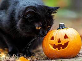 Black Cat Biting into a Halloween Pumpkin photo