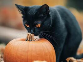 Black Cat Biting into a Halloween Pumpkin photo