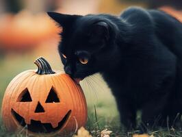 Black Cat Biting into a Halloween Pumpkin photo