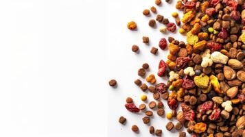 A vibrant mix of dry pet food covers part of a bright white background, highlighting different shapes and ingredients meant for pet nutrition and enjoyment photo
