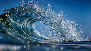 The sunlight dances on the surface of a gentle wave, creating sparkling droplets in mid-air as it breaks. This natural beauty showcases the essence of clear, transparent water photo