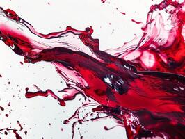 A vivid splash of red wine against a white backdrop showcases the fluid dynamics and intricate patterns formed as the liquid arcs and disperses in mid-air photo
