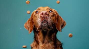 A happy dog with a cheerful expression sits attentively, gazing upward as treats rain down from above, enjoying a delightful and playful moment indoors photo