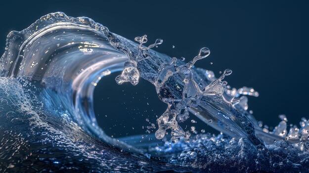 A vibrant wave of transparent water curls elegantly, with droplets splashing into the air, showcasing nature's beauty and fluidity in warm daylight photo