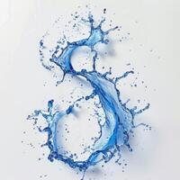 A vibrant splash of blue liquid creates the number eight, with droplets and splashes flying gracefully against a clean white backdrop, showcasing movement and texture photo