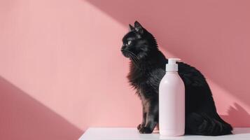 A sleek bottle of cat shampoo is positioned next to a black cat in a softly lit room. The cat appears relaxed, gazing thoughtfully in a sun-drenched space photo