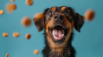 This energetic dog shows pure joy with its mouth open wide and eyes sparkling, eagerly catching treats that are falling around it in a vibrant blue environment photo