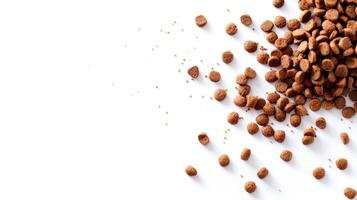 This advertisement features dry cat food scattered across a pristine white surface, emphasizing the product's texture and nutritional value for cats photo