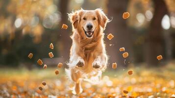 A Golden Retriever joyfully jumps in mid-air, surrounded by scattered treats, while vibrant autumn leaves blanket the ground in a sunlit park photo