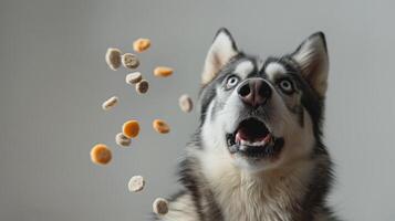 This husky dog shows pure joy as it eagerly catches falling treats mid-air, its happy expression brightening a cozy indoor setting photo
