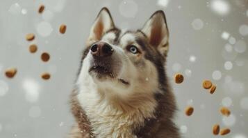 A cheerful husky with a bright expression is eagerly catching treats thrown in the air, surrounded by falling snowflakes on a crisp winter day photo