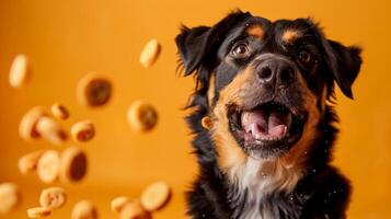 This happy dog, with an exuberant expression, sits excitedly as dog treats are thrown around it, creating a lively atmosphere filled with fun and enthusiasm photo