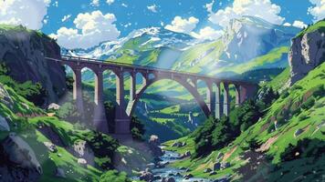 A scenic bridge spans a river in a lush, mountainous landscape with vibrant greenery and a bright blue sky filled with scattered clouds. The image captures the tranquility and beauty of nature video