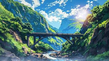 A scenic bridge spans a river in a lush, mountainous landscape with vibrant greenery and a bright blue sky filled with scattered clouds. The image captures the tranquility and beauty of nature video