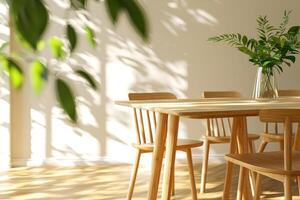 A modern, minimalist dining area featuring wooden furniture and natural light filtering through leaves, creating a serene atmosphere. photo