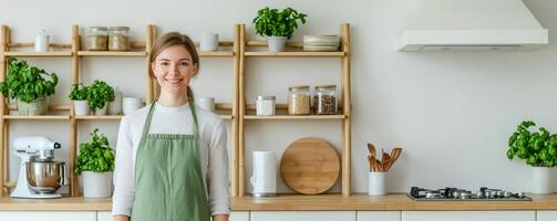 Ecofriendly bamboo ladder shelf in a bright kitchen, filled with organic and recycled decor items, modern green home design photo