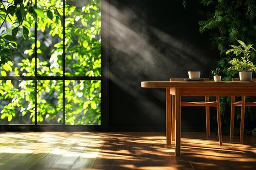 A serene indoor space with sunlight streaming through a window, illuminating a wooden table and surrounded by lush greenery. photo