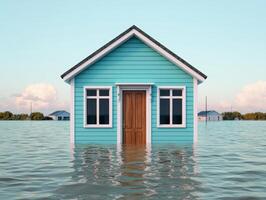 Family evacuating their home as water floods their neighborhood, symbolizing displacement from rising sea levels, rising sea levels impact, displacement photo