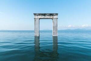 A surreal stone arch rising from calm waters under a clear blue sky, creating a tranquil and dreamlike atmosphere. photo