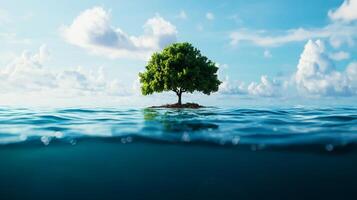 A solitary tree stands on a small island surrounded by tranquil blue water under a bright sky with fluffy clouds. photo