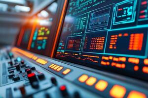 Close-up of a modern control panel with digital displays and buttons, featuring vibrant lights and graphics, showcasing advanced technology in operation. photo