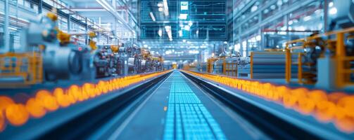 A modern industrial facility showcasing a production line with glowing molten material flowing along a conveyor belt, emphasizing the efficiency and scale of manufacturing. photo