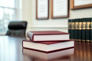 Two stacked red books on a polished wooden desk in a professional office setting, conveying knowledge and authority in a serene environment. photo