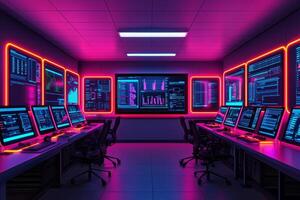 Futuristic control room with multiple monitors, neon lighting, and complex data displays, illustrating advanced technology and data management in a modern workspace. photo