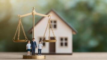 Concept of justice and family balance represented by a scale and figurines in front of a house, symbolizing legal matters and social equity. photo