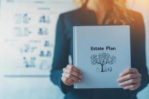A professional holding an estate plan document. The background features blurred charts and graphs, symbolizing financial planning and legal services. photo