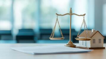 A balance scale symbolizing justice alongside a miniature house model, representing legal matters related to real estate transactions and property rights. photo