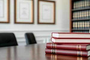 Close-up view of stacked legal books on a polished table in an office setting, featuring framed documents in the background. Professional ambiance for legal or corporate themes. photo