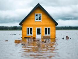 A bright yellow house partially submerged in floodwaters, surrounded by a gloomy sky, illustrating the impact of climate change and natural disasters on communities. photo