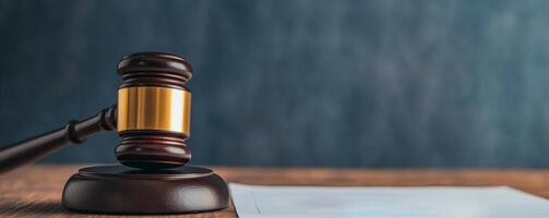 A close-up of a wooden gavel placed on a desk, symbolizing justice and legal proceedings, with a blurred legal document in the background. photo