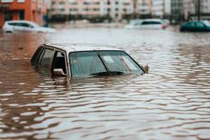 A submerged vehicle in a flood, highlighting the impact of heavy rainfall and urban flooding on communities and infrastructure. photo