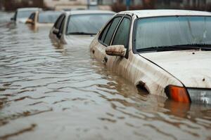 Abandoned cars submerged in floodwaters, showcasing the impact of severe weather events on urban infrastructure. photo