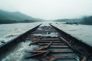A haunting view of a dilapidated wooden pier submerged in turbulent waters, surrounded by misty hills, evoking a sense of nature's power and the passage of time. photo