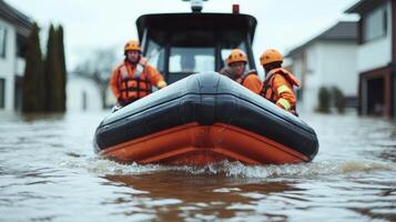 Rescue team navigating a flooded area in a boat, showcasing emergency response efforts amidst rising water levels, highlighting the impact of natural disasters. photo