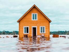 A wooden house partially submerged in flood water, surrounded by debris photo