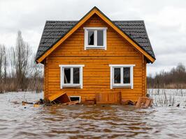 A wooden house partially submerged in floodwaters, surrounded by a cloudy sky, showcasing the impact of extreme weather events on residential properties. photo