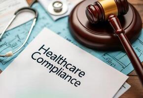 Close-up of a healthcare compliance document alongside a gavel and medical tools, representing legal and regulatory aspects of the healthcare industry. photo